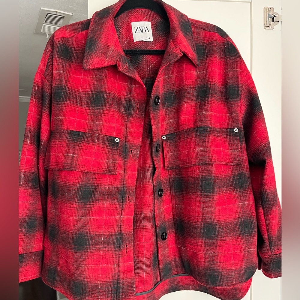 Zara Red and Black Checkered Shirt Jacket